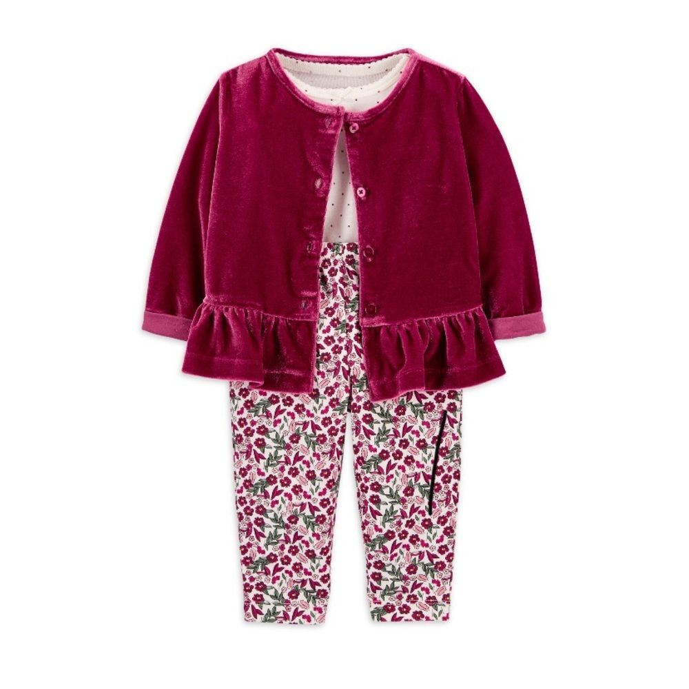NWT Carter’s Baby girl 3-piece Pink velvet floral set size 0-3 months 0-3M